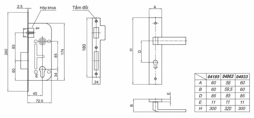 Kích thước khóa việt tiệp 04863