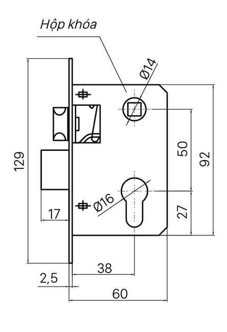 Kích thước thân khóa Việt Tiệp 04502