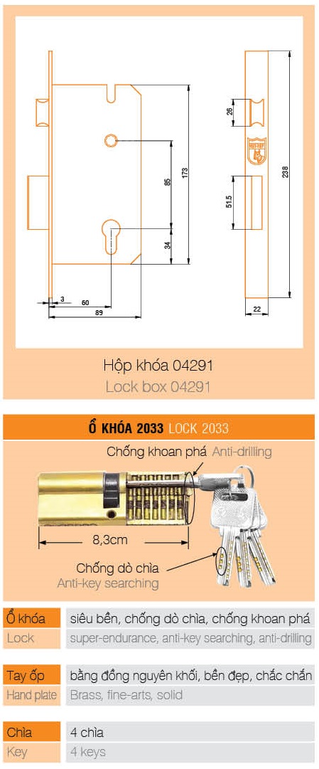 Thông số về thân khóa, chìa khóa của khóa việt tiệp 04291